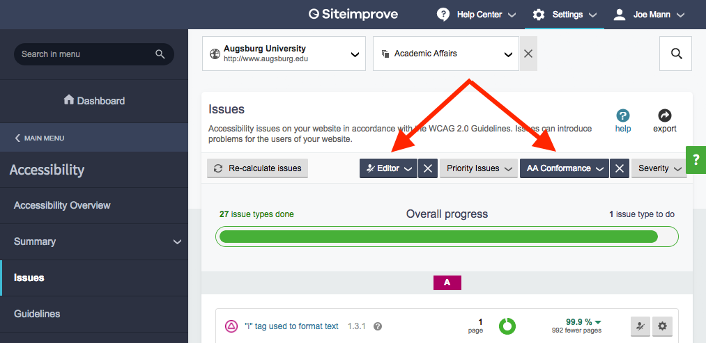 the Responsibility filter is set to "Editor" and Conformance filter is set to "AA"