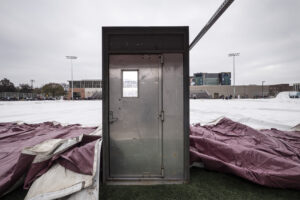 The door to the inflatable dome over Augsburg's Edor Nelson Field is attached to the deflated bubble, waiting to be set up.